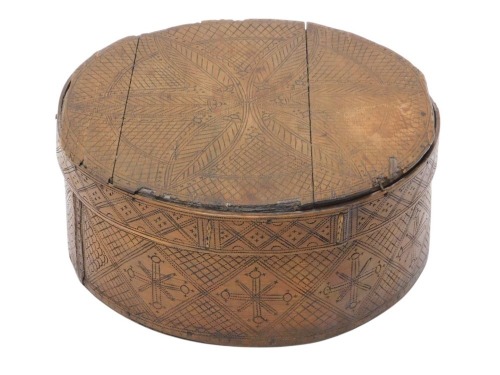 A 19thC Norwegian birch circular box and cover, of pegged construction, with geometric decoration, 220cm high, 46cm diameter. (AF)