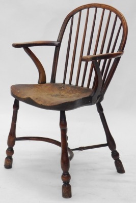 A pair of 19thC yew and elm Windsor armchairs, each with a spindle turned back, solid seat and turned legs with crinoline stretcher. (AF) - 3