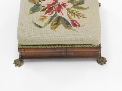 A Victorian rosewood footstool, needlework padded seat, moulded sides and brass paw feet, 36cm wide. - 3