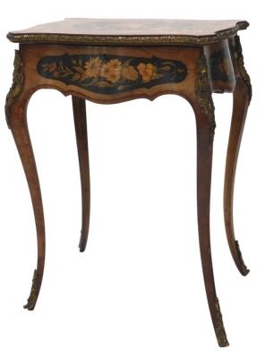 A 19thC Continental walnut and floral marquetry work table, with gilt metal mounts, the hinged quarter veneered kingwood crossbanded top enclosing a fitted interior, on cabriole legs with sabot, 71cm high, 52cm wide.