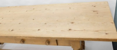 A large pine refectory table, the rectangular planked top on turned supports with low H stretcher, 78cm high, 246cm wide, 82.5cm deep. - 2