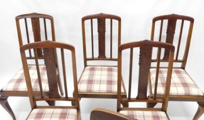 A set of six early 20thC mahogany dining chairs, each with a rail back, a gingham padded upholstered seat, on cabriole legs, one with arms. - 2