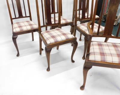 A set of six early 20thC mahogany dining chairs, each with a rail back, a gingham padded upholstered seat, on cabriole legs, one with arms. - 3