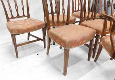 A set of six early 19thC mahogany dining chairs, each with a moulded back, with pierced supports, a shaped padded seat, on square tapering channelled legs, one with arms. - 3