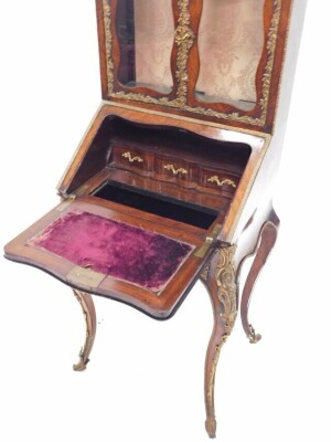 A 19thC Continental rosewood and gilt metal bureau cabinet, the top with two glazed doors, the base with a shaped quarter veneered fall enclosing a fitted interior with a well, on cabriole legs, possibly French, 135cm high, 55cm wide. - 3