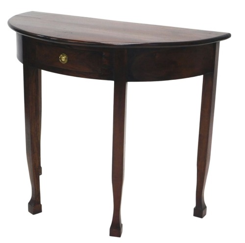 A Continental hardwood demi lune table, with a frieze drawer, on shaped legs, 76cm high, 91cm wide.