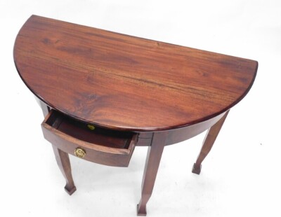 A Continental hardwood demi lune table, with a frieze drawer, on shaped legs, 76cm high, 91cm wide. - 2