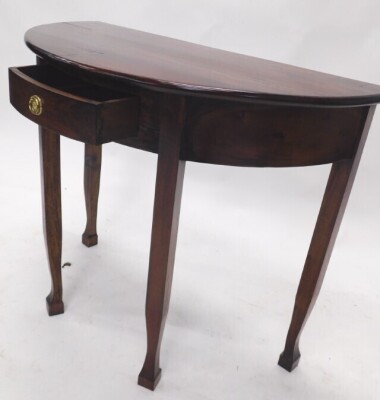 A Continental hardwood demi lune table, with a frieze drawer, on shaped legs, 76cm high, 91cm wide. - 3