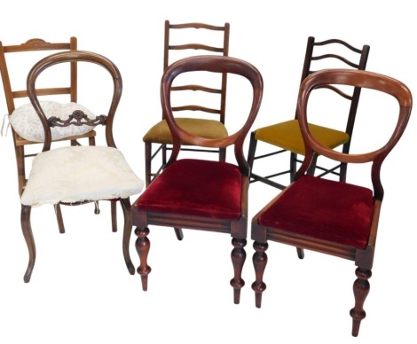 A collection of various chairs, to include three Victorian balloon back chairs and three bedroom chairs.