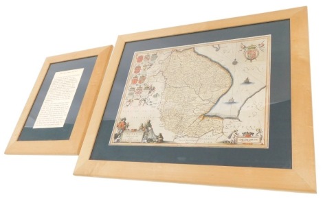 After Blaeu. A 17thC map of Lincolnshire, later coloured 40cm x 50cm, and a hand written note relating to Blaeu the famous Dutch cartographer. (2)