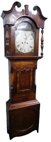 A 19thC longcase clock, the arched dial painted with church, sheep, etc., with an eight day movement, in broad oak and mahogany cross banded case, 225cm high.