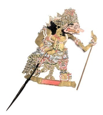 A vintage Wayang Kulit shadow puppet, with horn handle and stick operated articulated left hand, 87cm high. NB. This lot will be sold for BBC Children In Need by guest novice auctioneers that have supported the BBC Bargain Hunt 2024 fund raising campaign.