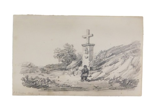 Thomas Sidney Cooper RA (1803-1902). Lesson for D W Coit, Figure at wayside shrine, 1829. Pencil, 12cm x 18cm. Provenance: Goodacre Collection No 324. NB. This lot will be sold for BBC Children In Need by guest novice auctioneers that have supported the