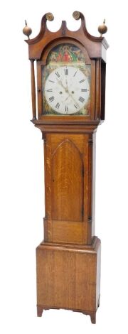 A 19thC longcase clock, the arched painted dial signed J James Black of Kirkildy, and painted with scenes emblematic of England, Scotland, and Ireland to the arch, Europe, Africa, America, and Asia to the spandrels, eight day movement in oak case, 208cm h