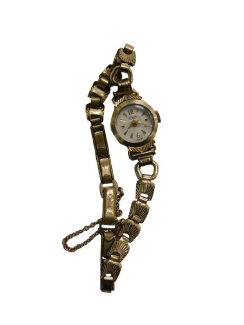 A Lackorda lady's 9ct gold cased wristwatch, circular champagne dial bearing Arabic numerals at twelve and six, in a plain oblong case, with a plated strap.