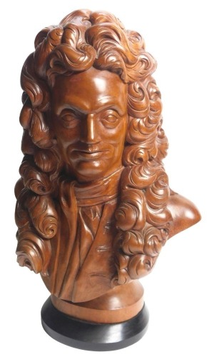 Dennis Parsons. A carved walnut bust of Sir Christopher Wren, on ebonised plinth, ex Linford Bridgeman of Lichfield.