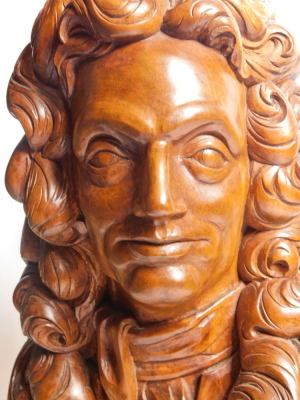 Dennis Parsons. A carved walnut bust of Sir Christopher Wren, on ebonised plinth, ex Linford Bridgeman of Lichfield. - 2