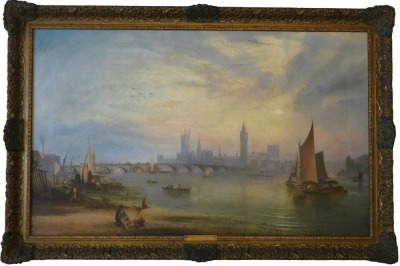 William Crawhall (act.c.1859-c.1894) The Thames at Westminster, oil on canvas, attributed and titled on mount, 64cm x 104cm. - 2