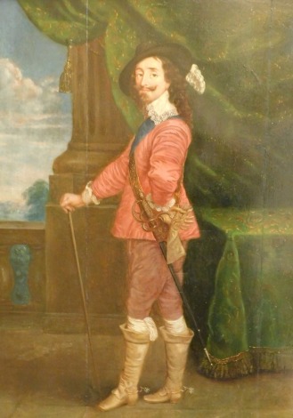 After Van Dyck, 18thC Continental school, full length portrait of Charles I with stick and sword, oil on panel, 49cm x 36cm.