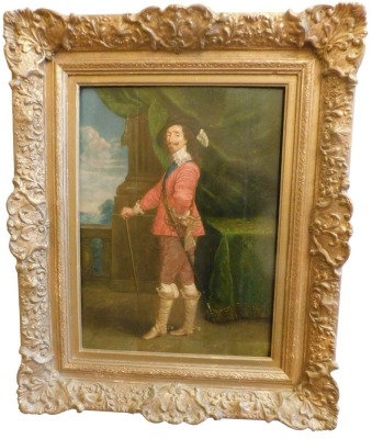 After Van Dyck, 18thC Continental school, full length portrait of Charles I with stick and sword, oil on panel, 49cm x 36cm. - 2