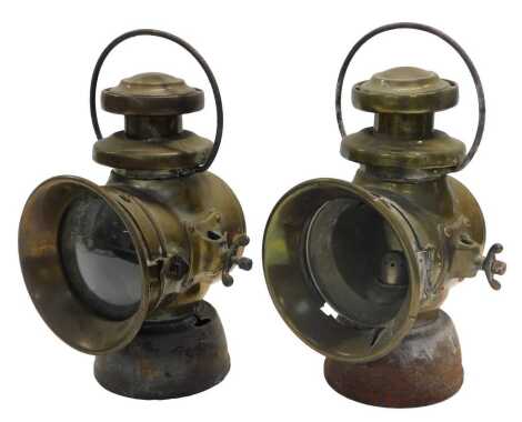 A near pair of Lucas King of the Road number 742 oil powered side lamps, 33cm high. (2)