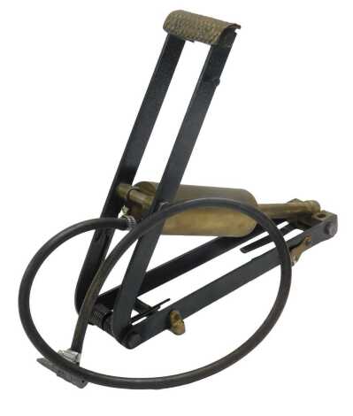 A rare Nesthill Compact Patent foot pump for Rolls-Royce and similar marque, sprung steel framed with folding stabiliser legs, brass foot-plate and cylinder, c/w later replacement hose and valve of the type illustrated in the Rolls-Royce 20/25hp spares li