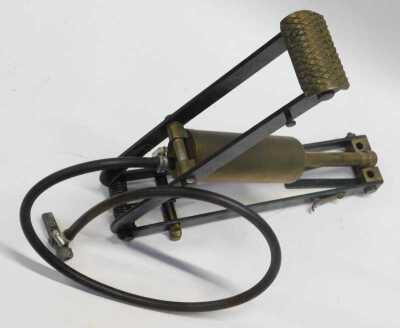 A rare Nesthill Compact Patent foot pump for Rolls-Royce and similar marque, sprung steel framed with folding stabiliser legs, brass foot-plate and cylinder, c/w later replacement hose and valve of the type illustrated in the Rolls-Royce 20/25hp spares li - 2