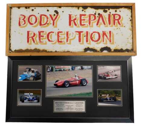 A British Formula 1 Legends photographic display, comprising photographs of Jackie Stewart, Damon Hill, Sterling Moss, James Hunt and Nigel Mansell, framed, 37cm x 74.5cm, together with a sign, to one side Body Repair Reception, the other with a Kleber pr