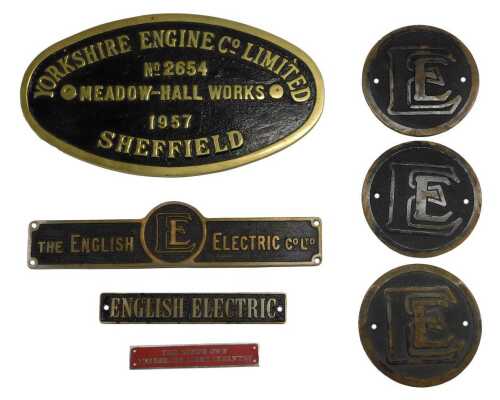 English electric brass engine plates, including Yorkshire Engine Company Limited number 2654 Meadow Hall Works 1957 Sheffield, The English Electric Co Limited, The King's Own Yorkshire Light Infantry, etc. (1 tray)