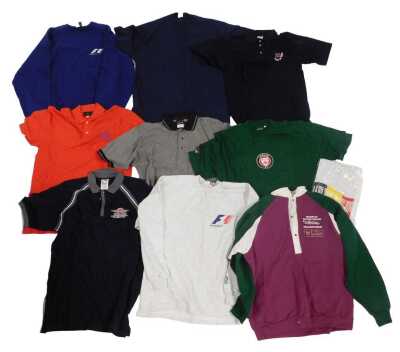 Motor sport related clothing, including Indianapolis Formula 1 United States Grand Prix September 24th 2000 polo shirt, Formula 1 jumper blue, 24 Hours of Le Mans polo shirt, Monza polo shirt, Indianapolis Motor Speedway polo shirt, Jaguar T shirt, etc. (