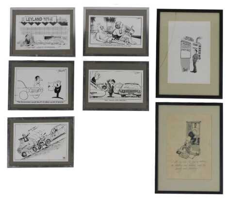 Various motoring related caricature prints, including They Traded Your Mercedes, I See Our Government Has Made Another Big Art Purchase, Leyland Home of the P76 The Lemon Charged, etc. (7)