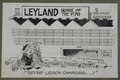 Various motoring related caricature prints, including They Traded Your Mercedes, I See Our Government Has Made Another Big Art Purchase, Leyland Home of the P76 The Lemon Charged, etc. (7) - 2