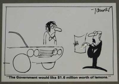 Various motoring related caricature prints, including They Traded Your Mercedes, I See Our Government Has Made Another Big Art Purchase, Leyland Home of the P76 The Lemon Charged, etc. (7) - 3