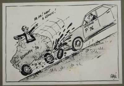 Various motoring related caricature prints, including They Traded Your Mercedes, I See Our Government Has Made Another Big Art Purchase, Leyland Home of the P76 The Lemon Charged, etc. (7) - 5