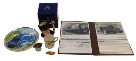 Railway related ephemera, including a British Steam Locomotive Majesty of Steam, Mallard cabinet plate, an LMS J&G Meakin Vitrosol dining car cup, a Royal Doulton The Engine Driver D6823 Toby jug, etc. (a quantity)