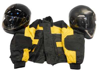 A Nitro Racing cycle helmet, a Schuberth motorcycle helmet, and a motorcycle jacket. (3)