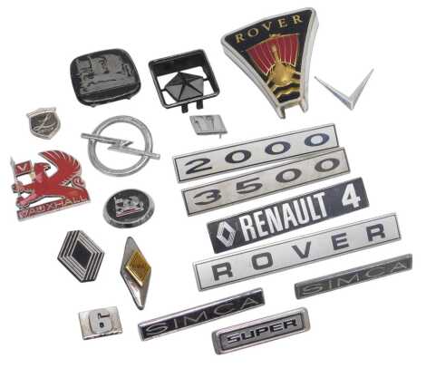 Various car badges, including Vauxhall, Opal, Renault, Rover, etc. (1 tray)