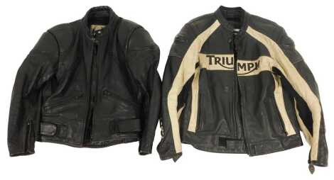 A Triumph leather motorcycle jacket, size 42/52, and a Belstaff 40S leather motorcycle jacket. (2)