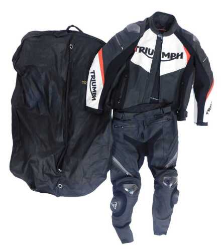 A Triumph motorcycle two piece leather suit, size Large, with bag.