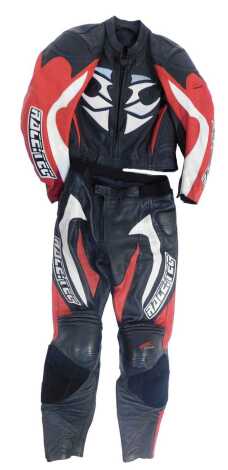 An Alien Tech motorbike leather two piece suit, size UK 42.