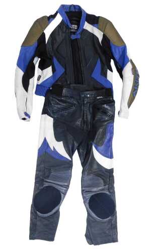 An Akito motorbike leather two piece suit, Japanese size 52.