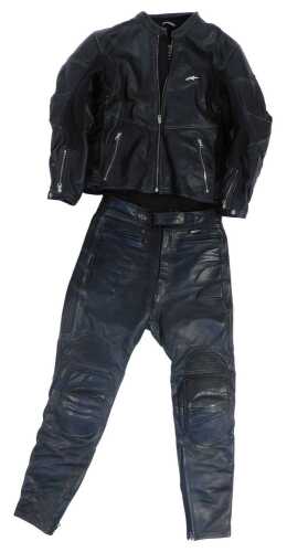 An Alpine Stars black leather motorbike jacket, size Medium, together with a pair of Dannisport leather trousers, size UK 32.