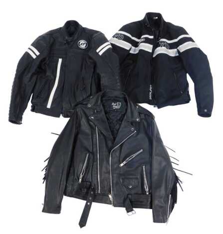 A Garibaldi leather motorcycle jacket, size Large, together with a Segura jacket, size Medium, and an Off Track Leathers black leather fringe jacket, size Large.