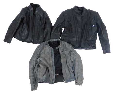 Three leather motorbike jackets, comprising DXR, size unknown, Akito, size GB 50, and a Revit, size unknown.