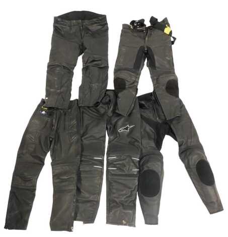 A group of motorbike related leather trousers, to include Akito, size GB 8, Field Steer, etc.