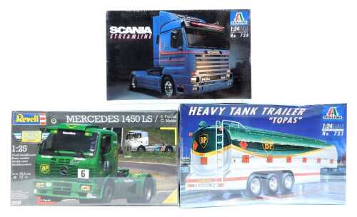 Italeri and Revell model kits, including number 726 1:24 scale Scania Streamline tractor unit, 7536 Mercedes 1450LS International Truck Grand Prix Racing S Parish/G Mekle, and a 1:24 scale number 731 Heavy Tanker Trail Tow Pass, boxed. (3)