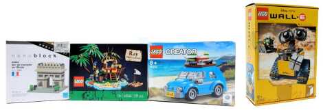 Lego and other building block sets, including Lego 21303 Disney Pixar Wall-E, Lego 40566 Ray the Castaway, 40252 Lego Creator Beetle, and a Kowada Nano Block Arc de Triomphe, boxed. (4)