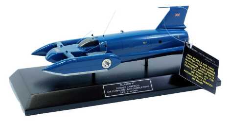 A Bravo Delta Models hand-carved mahogany model of Bluebird K7, piloted by Donald Campbell, 276.33 miles per hour on Lake Dumbleyung, Western Australia on December 31st 1964, boxed.