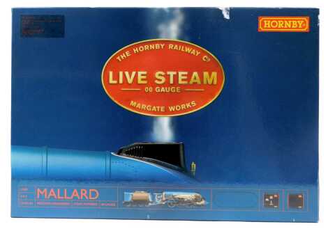 A Hornby OO gauge live steam Class A4 Mallard locomotive set, including a Class A4 Mallard 4-6-2 locomotive in LNER Garter blue, a live steam controller and oval of track, boxed, R1041.