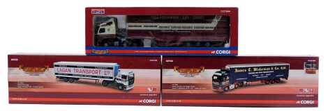 Corgi Hauliers of Renown 1:50 scale diecast tractors and trailers, including CC14027 Volvo FH face lift fridge trailer, James T Blakeman and Co Limited Stoke on Trent, CC12428 Volvo FH Hawton Park House The Professional Live Transporter Fred Greenwood and